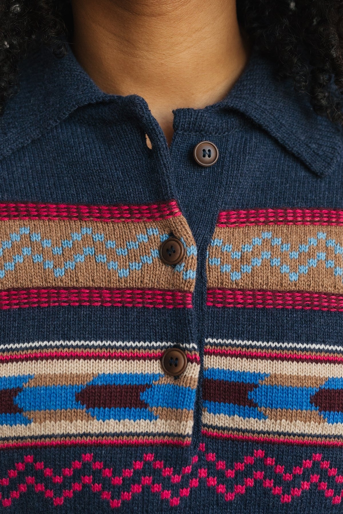 jacquard knit sweater with embossed buttons
