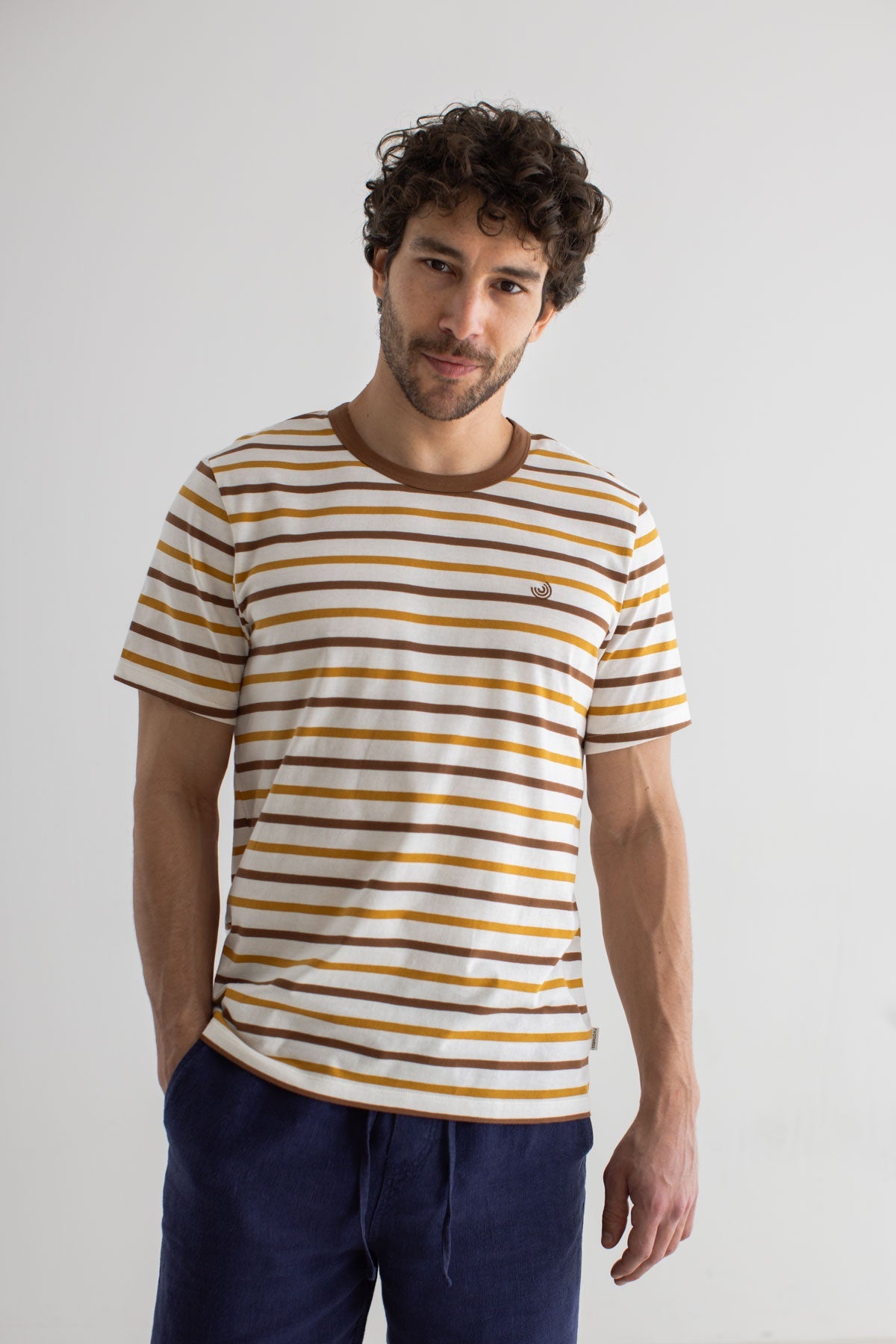 Retro stripes tshirt men navy pants wear view front