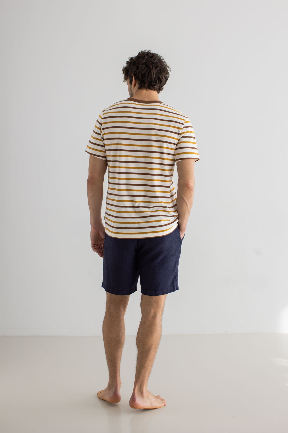 Retro stripes tshirt men navy shorts full body view back