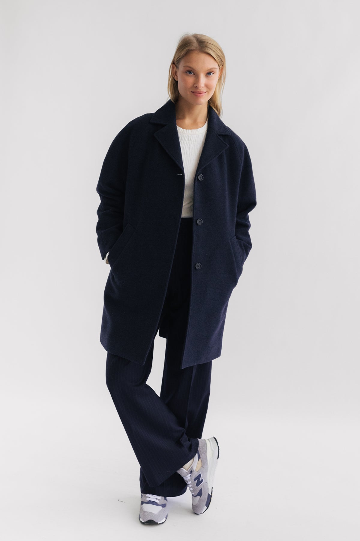 meta-preview, classic lapel women navy blue overcoat