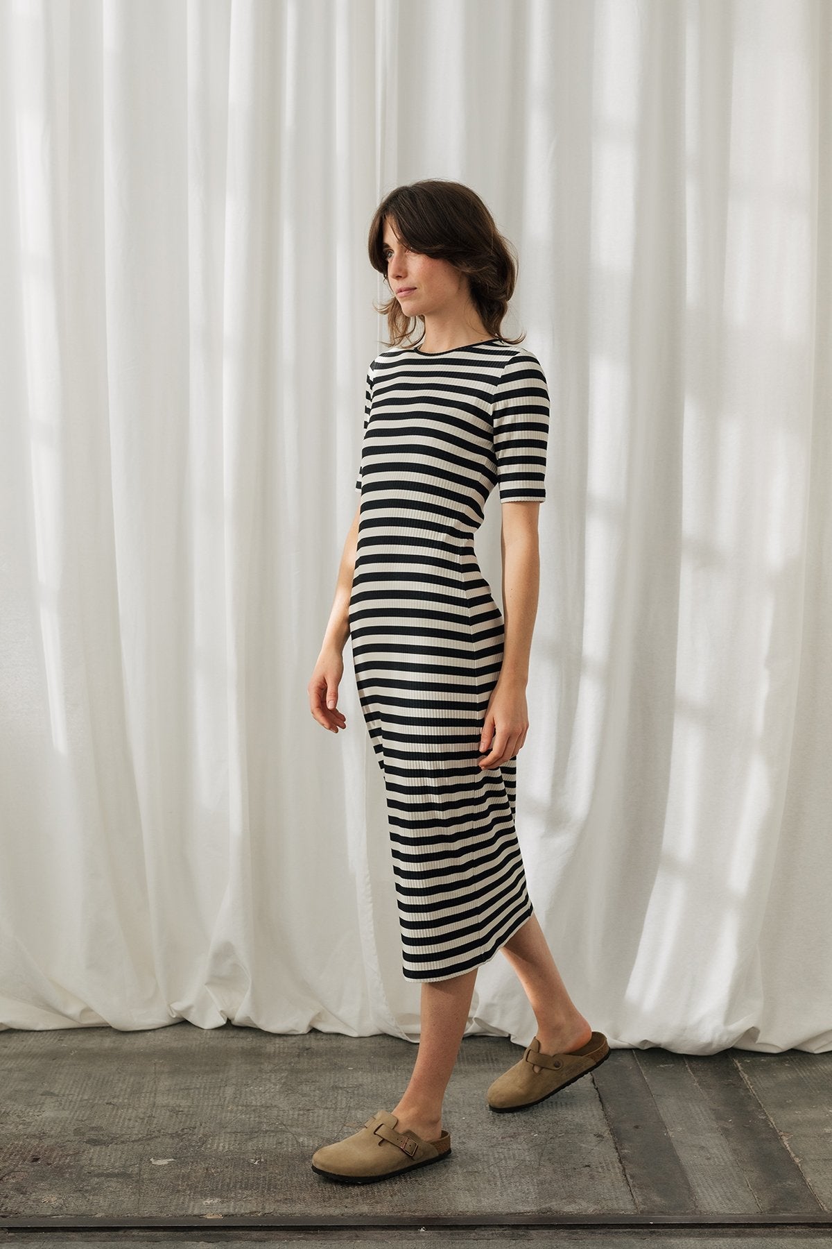 meta-preview, vegan minimal black and white striped dress