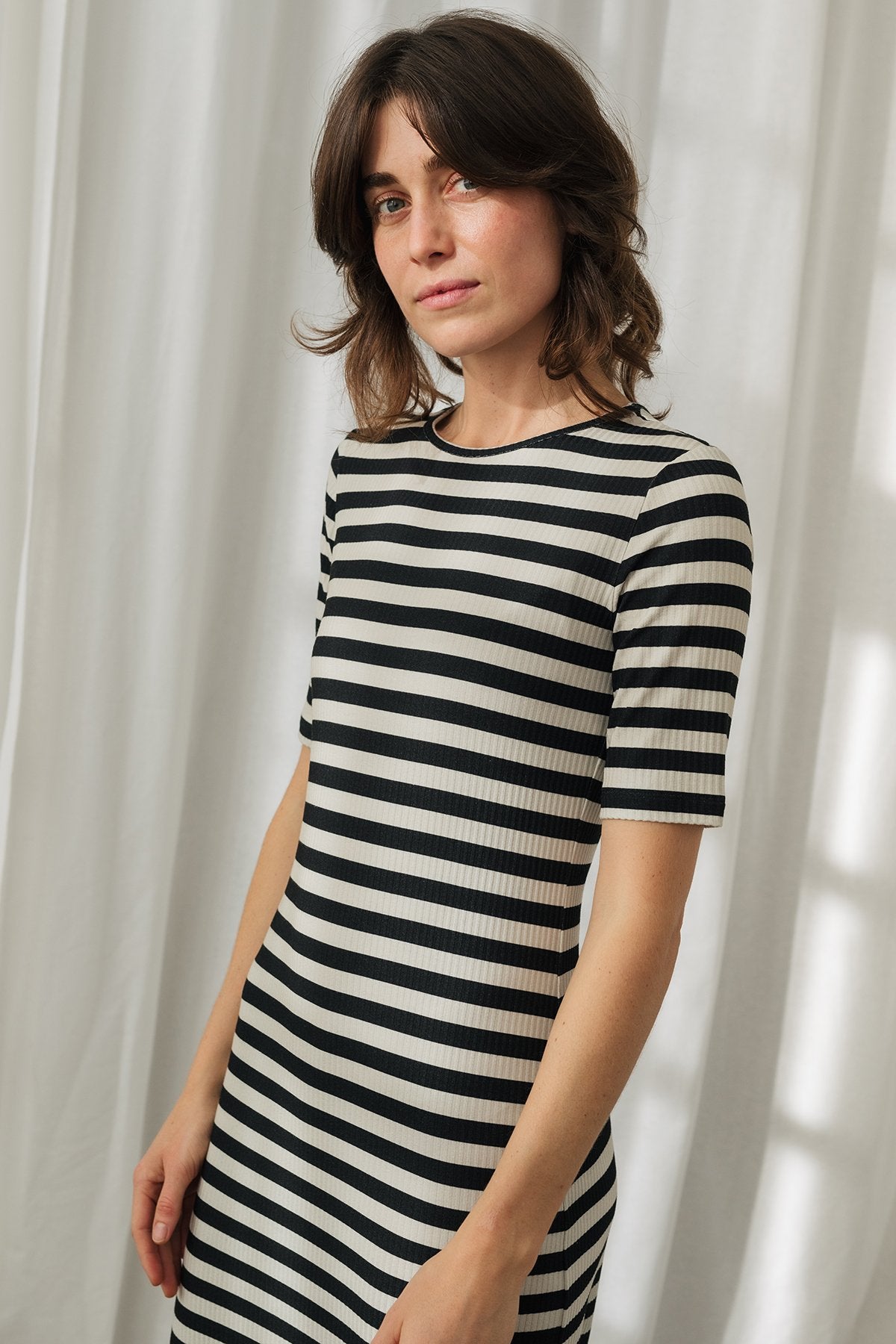 short sleeve black and white striped dress