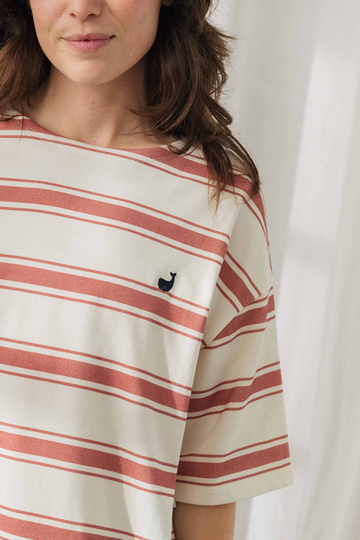 embroidered whale red striped  top