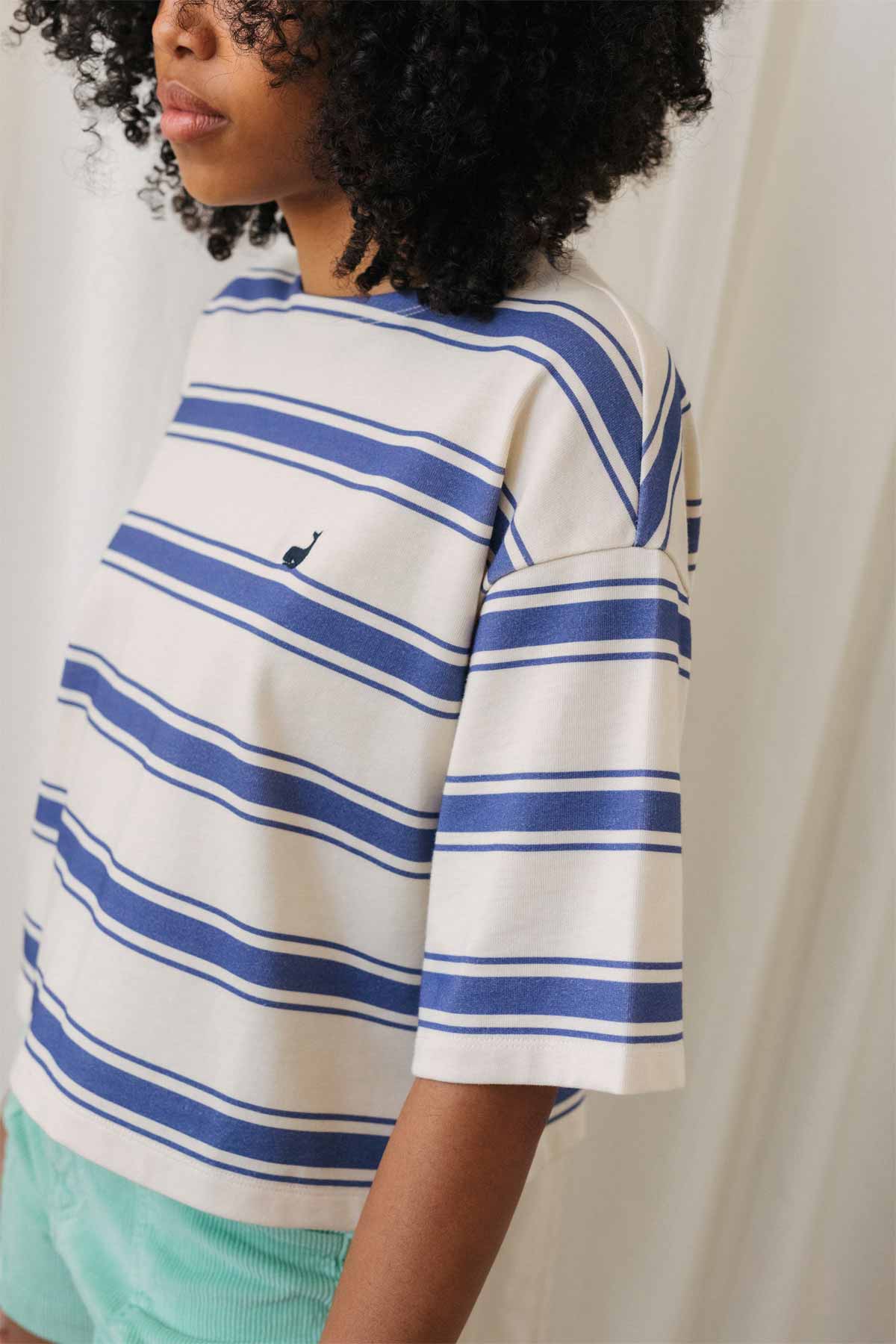 embroidered whale  blue striped  top