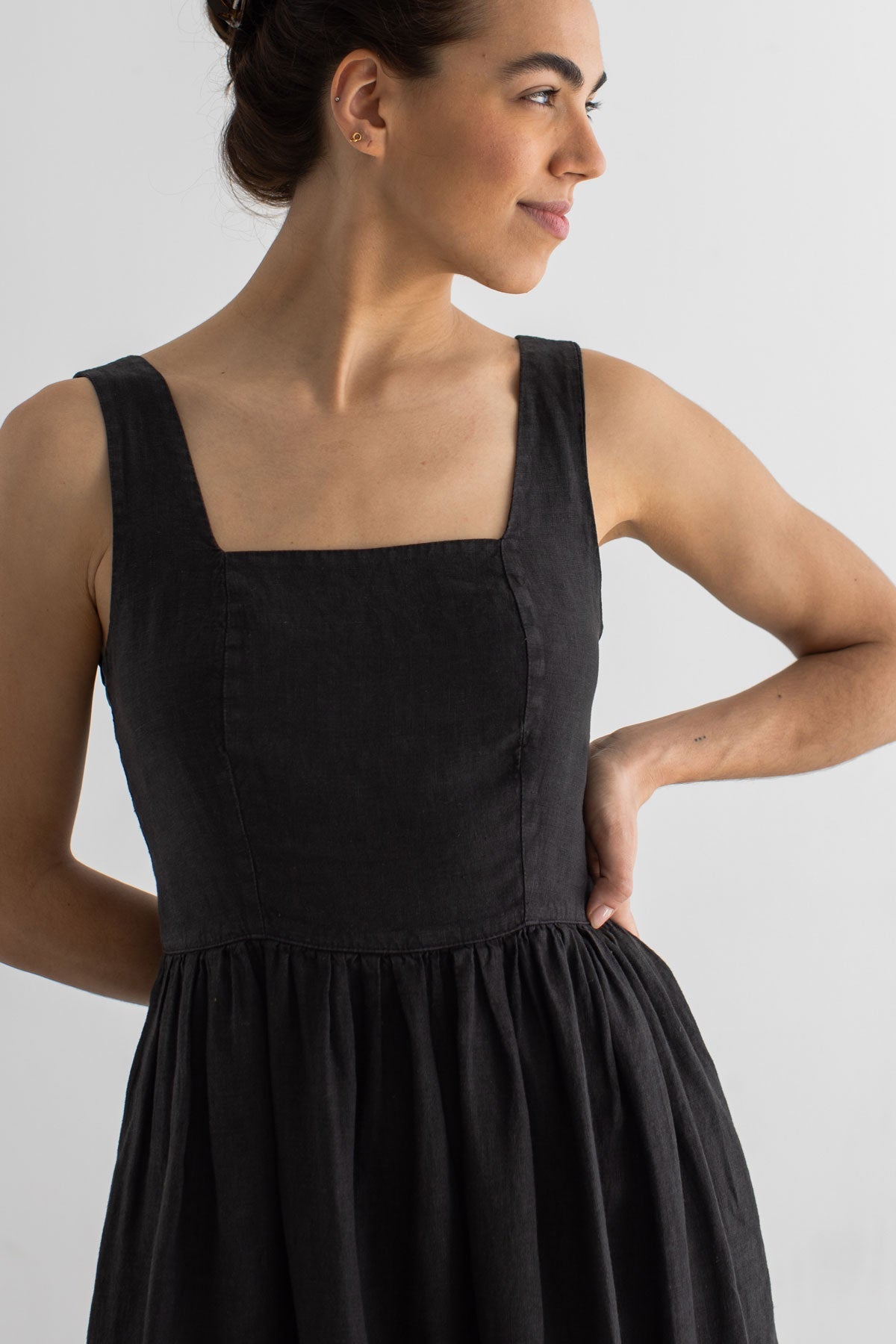 Black linen dress women wear view front