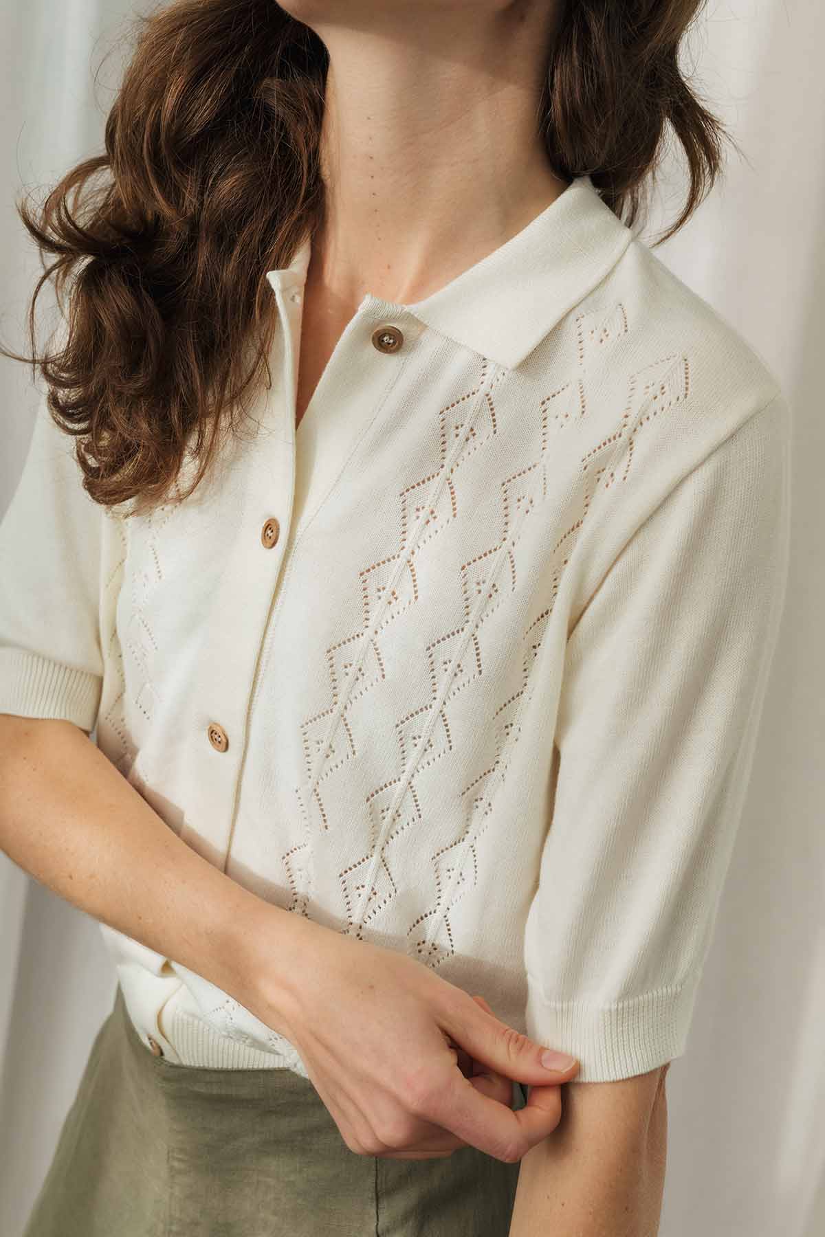 ribbed edges pointelle cardigan