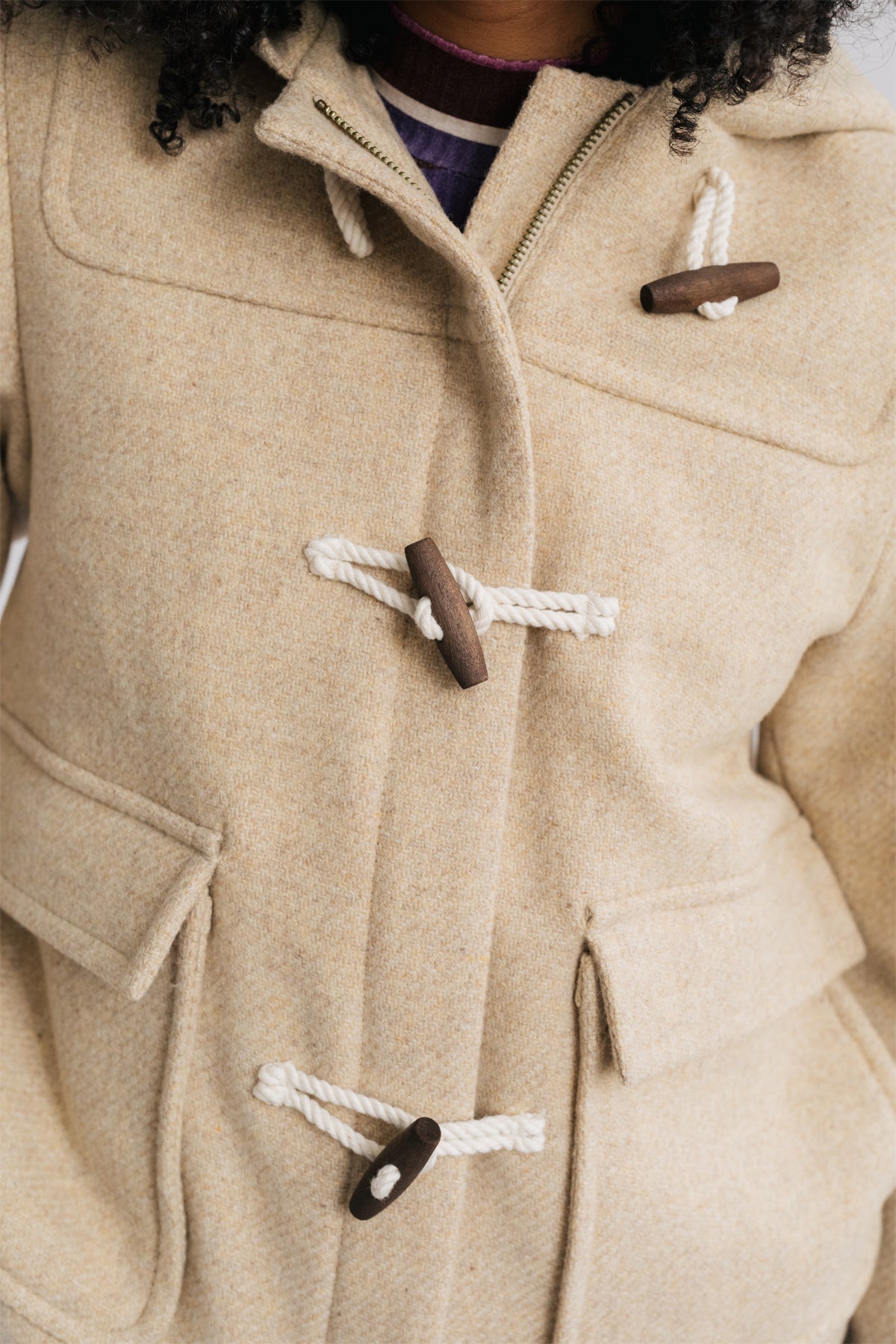 Women's duffle coat with wood toggles.