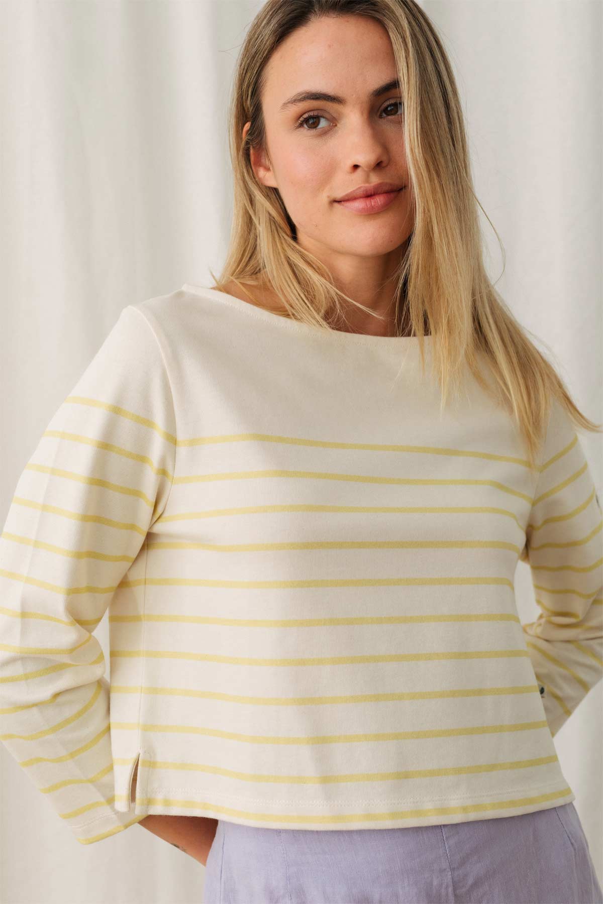 meta-hover, eco-friendly yellow striped tee for women