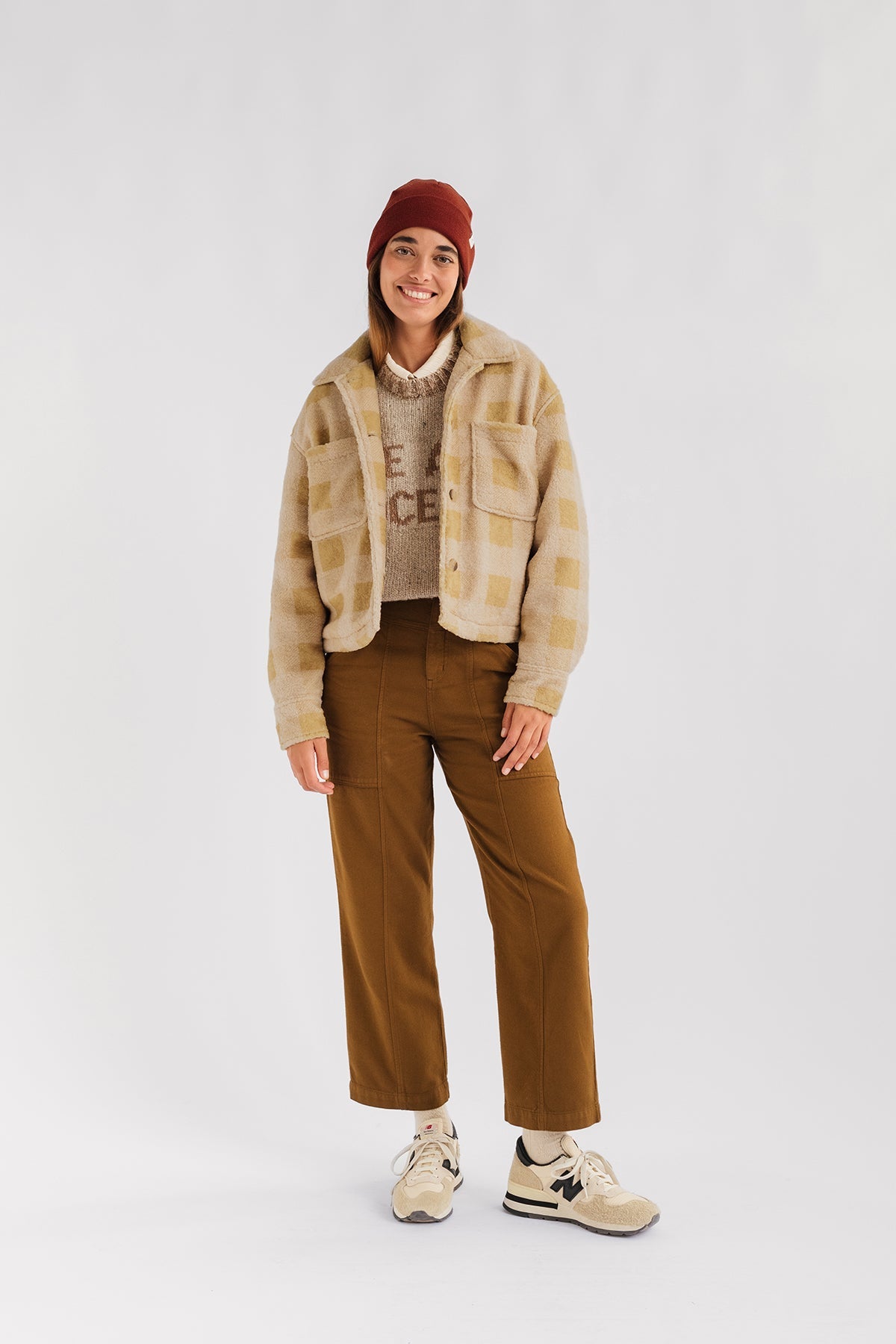 sustainable plaid jacket in mustard tones