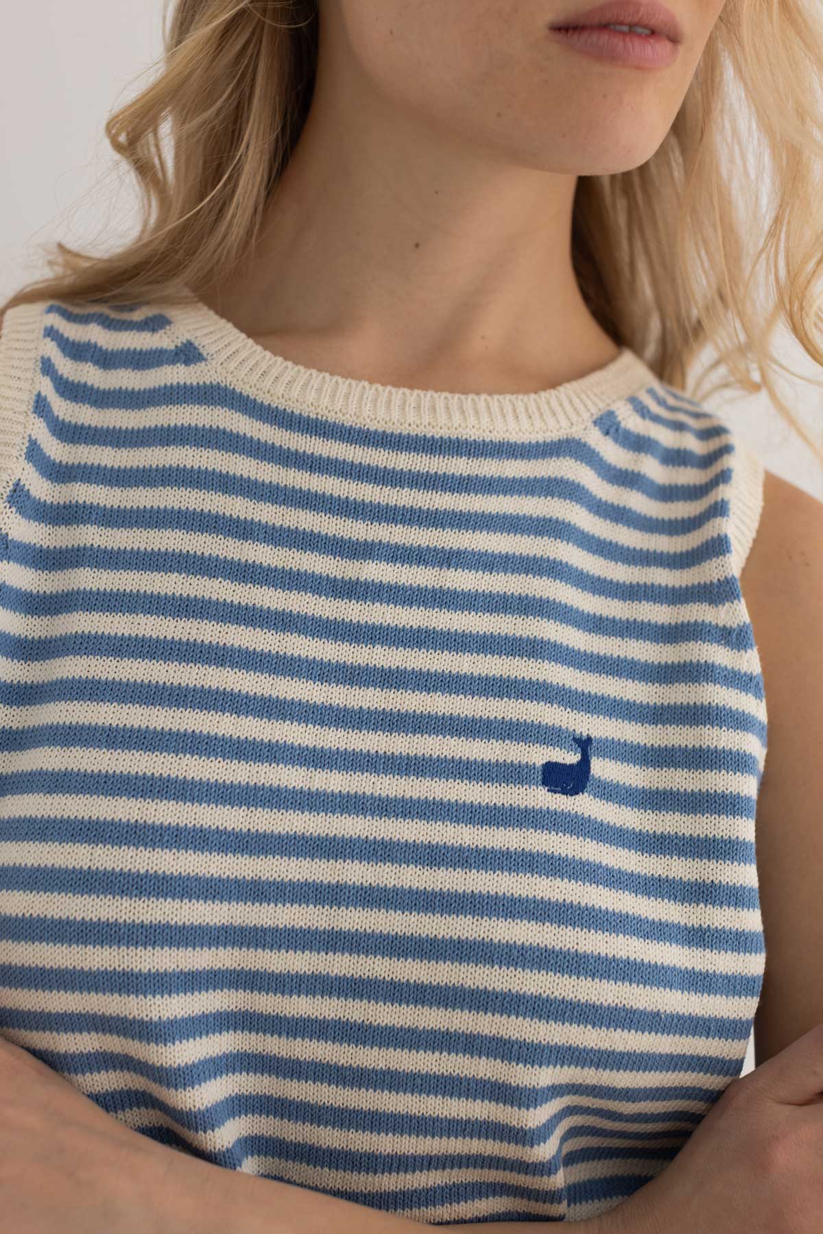 Denim blue stripes knit top women detail front
