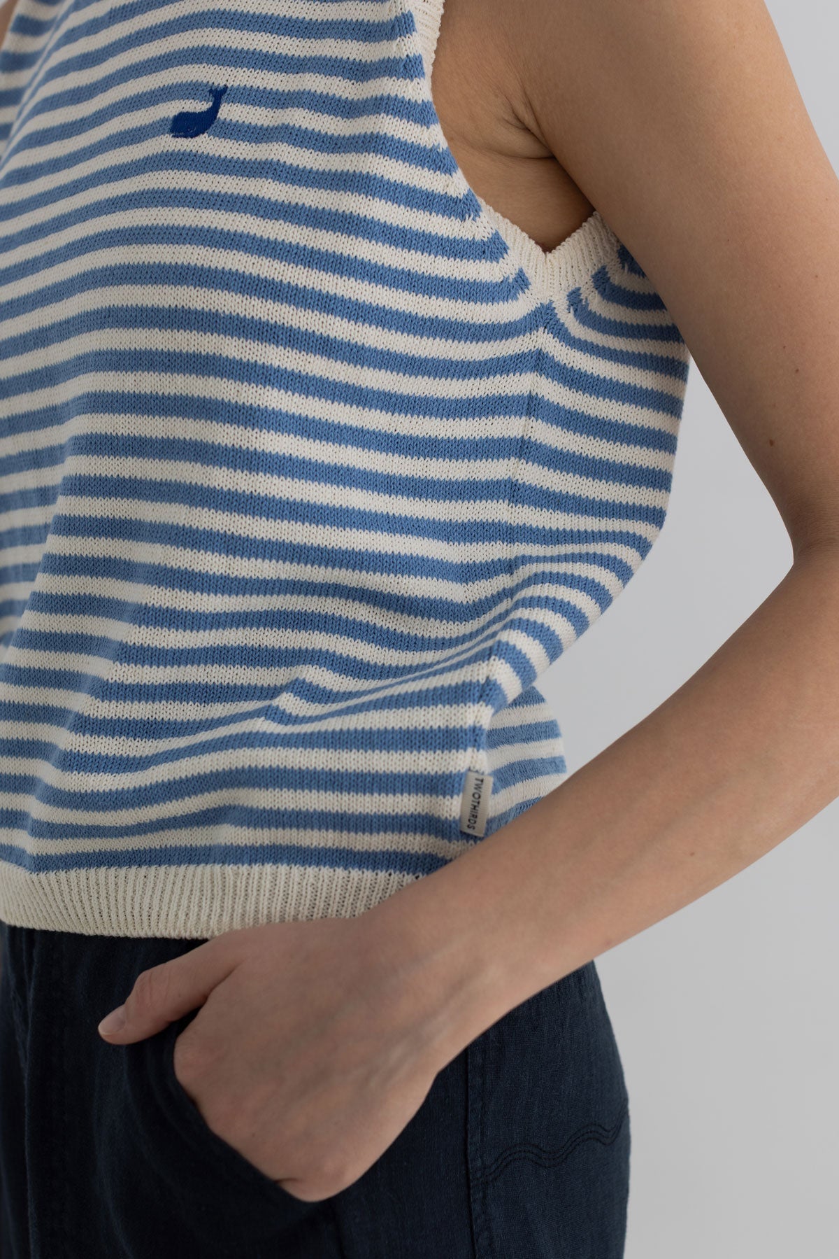 Denim blue stripes knit top women navy shorts detail side