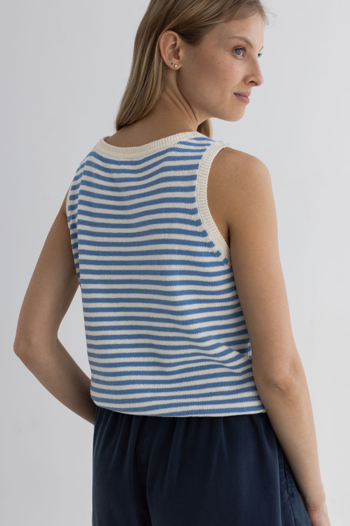 Denim blue stripes knit top women navy shorts wear view back 