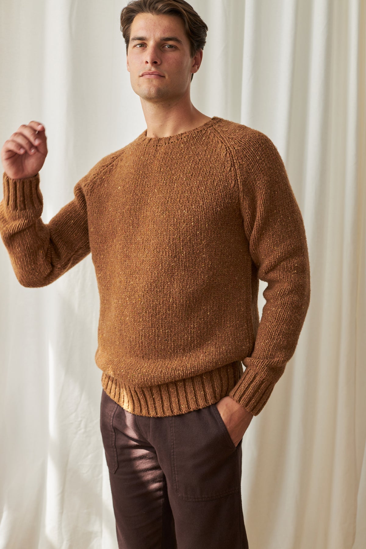 meta-preview, regular fit mulesting-free brown knit for men