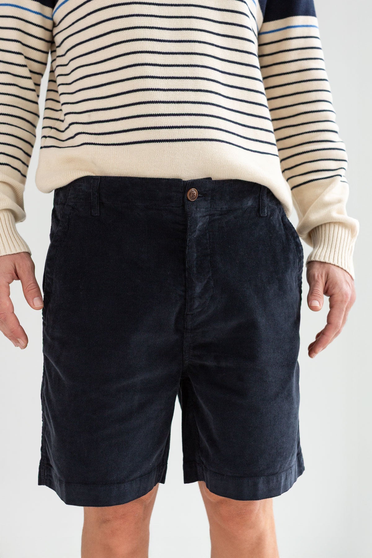 dark navy micro corduroy shorts men striped sweater wear view front