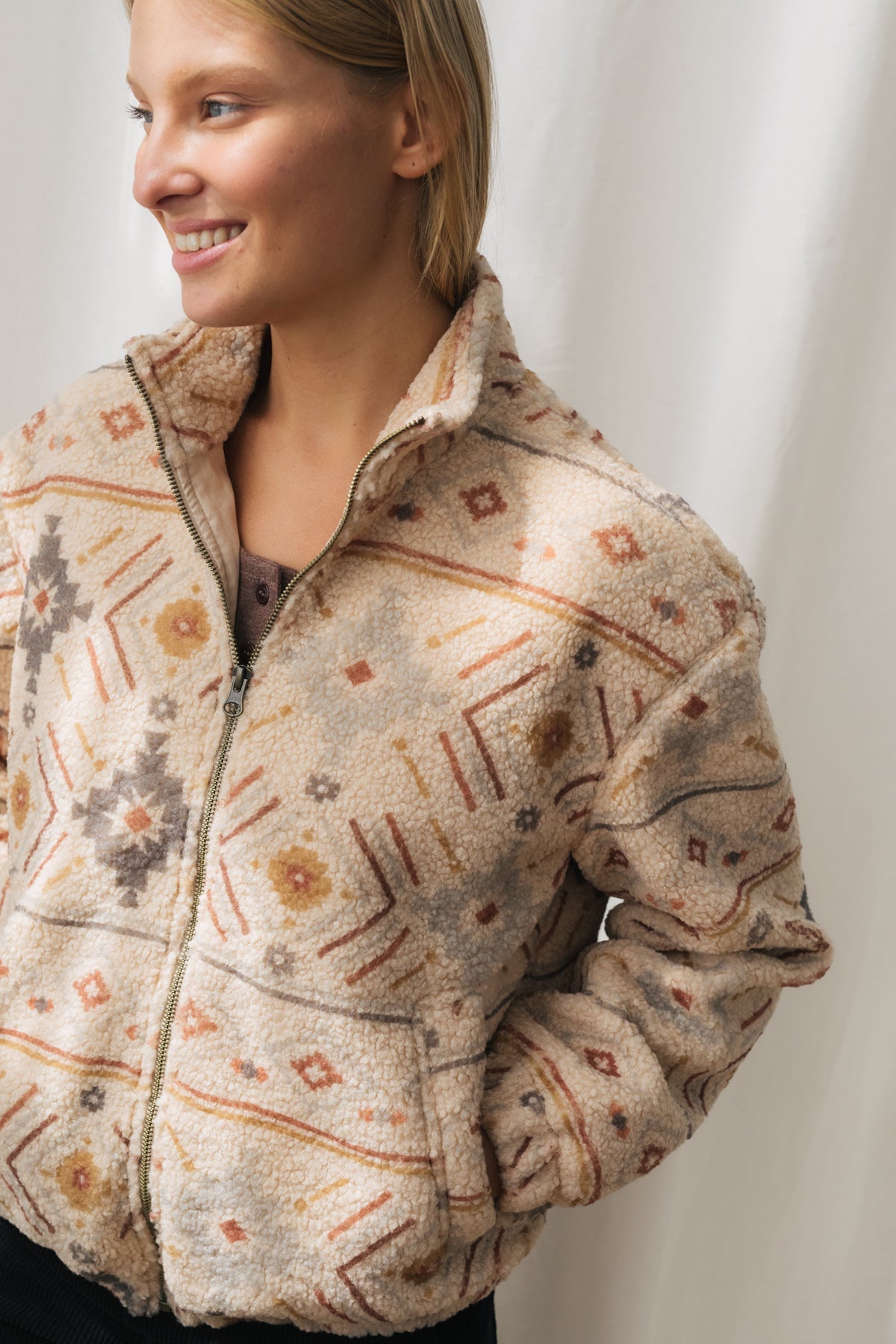 vegan pattern sherpa full-zip jacket