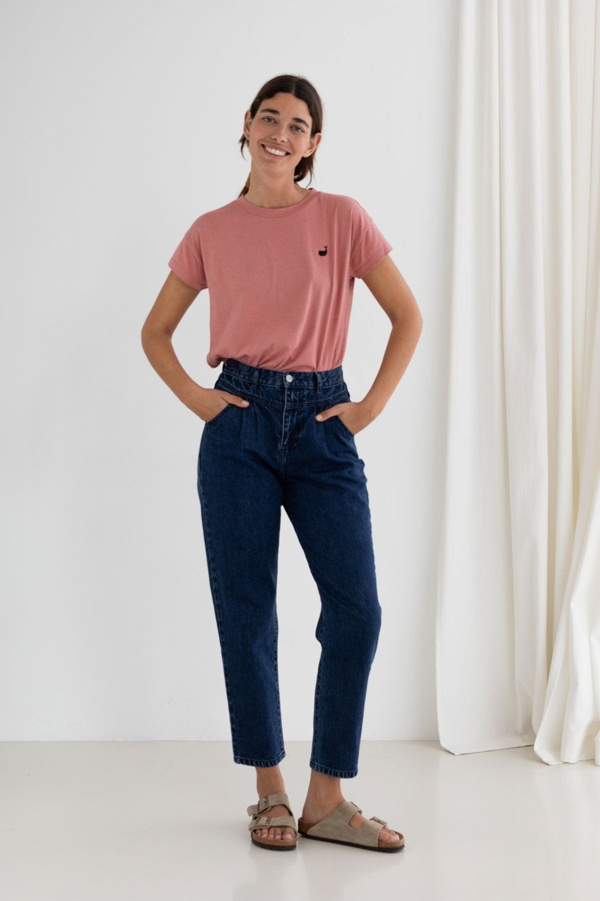 Medium blue pants women pink tshirt full body view front