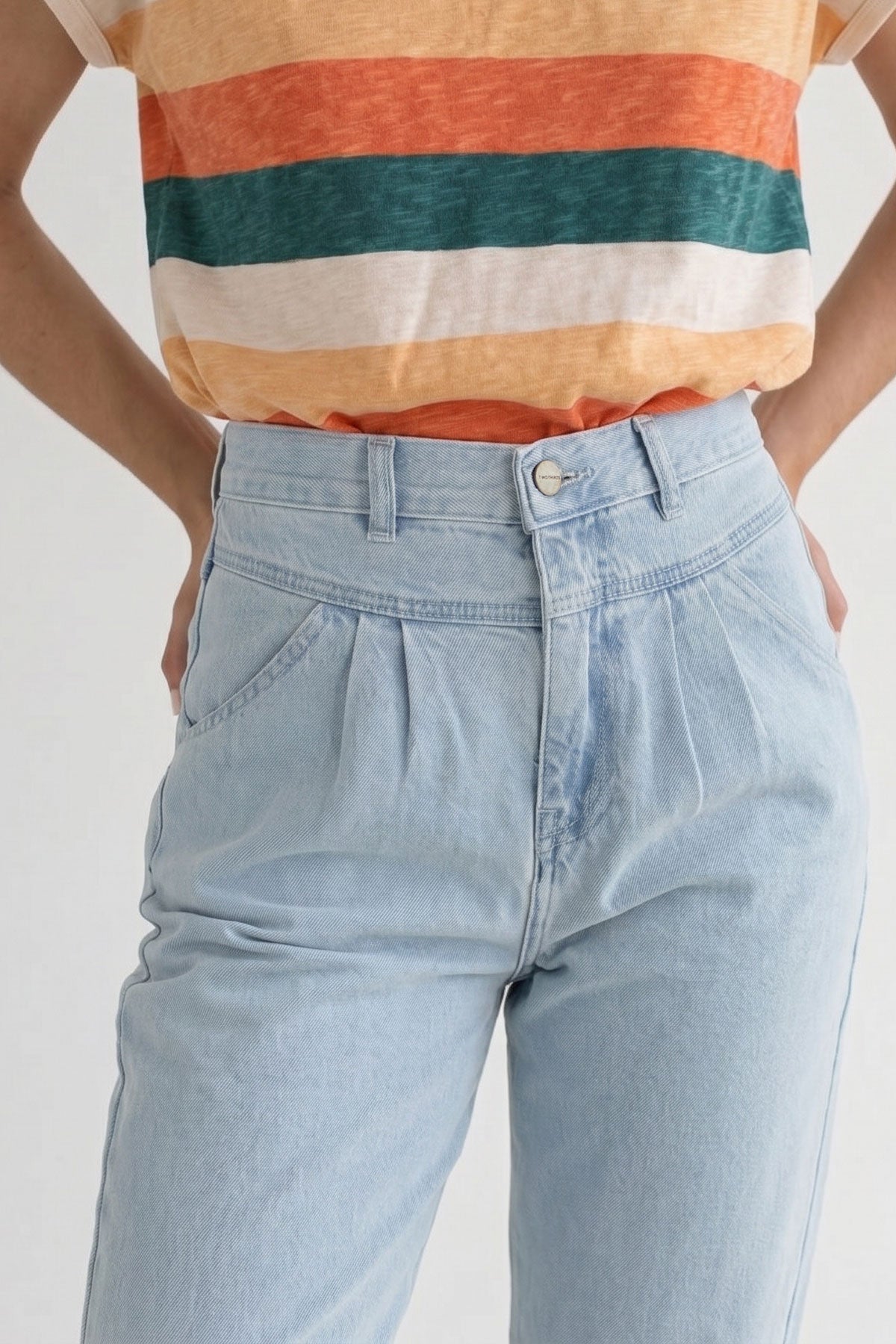 Organic cotton denim pants kiritibati light blue front detail