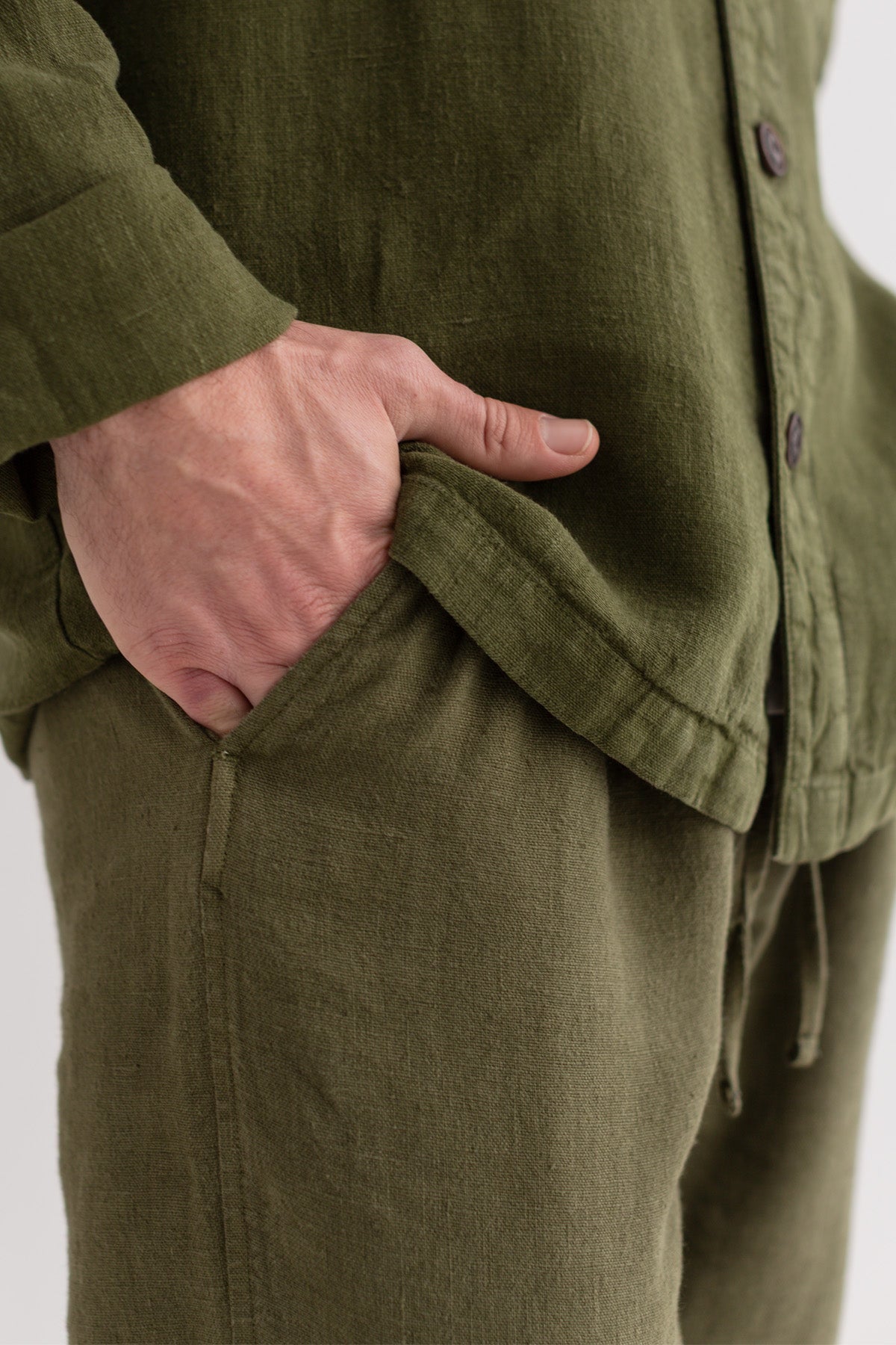 Codium green heavy linen pants men detail pocket front