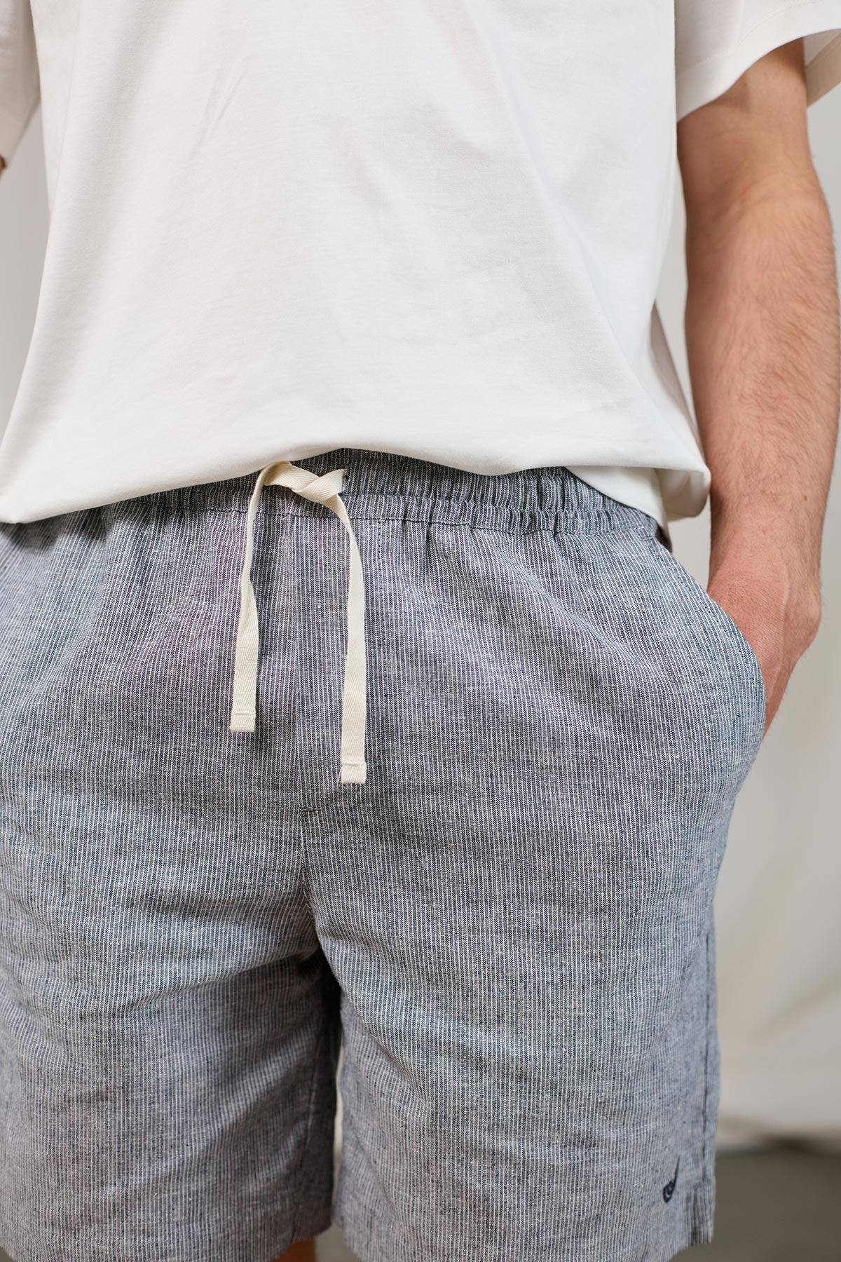 navy striped sustainable shorts