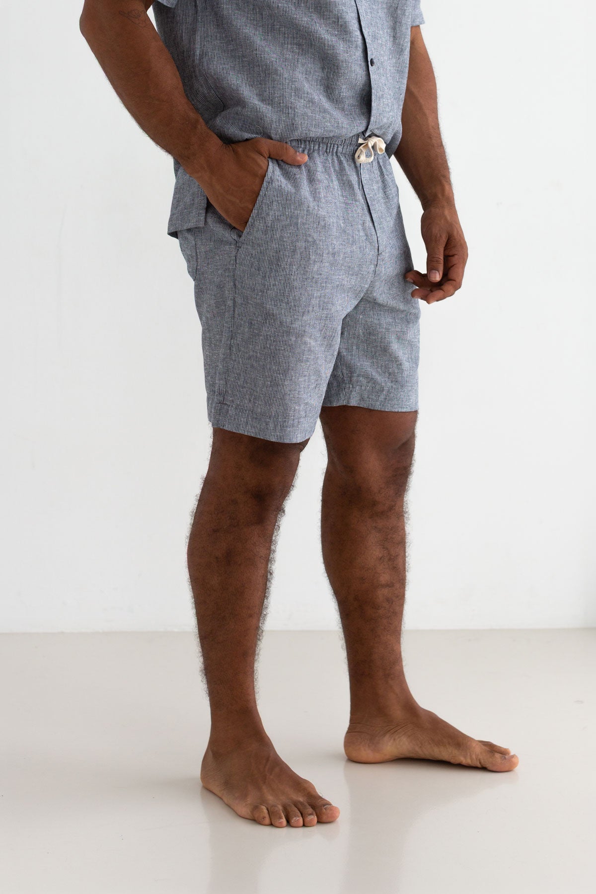 Navy striped shorts men wear view front