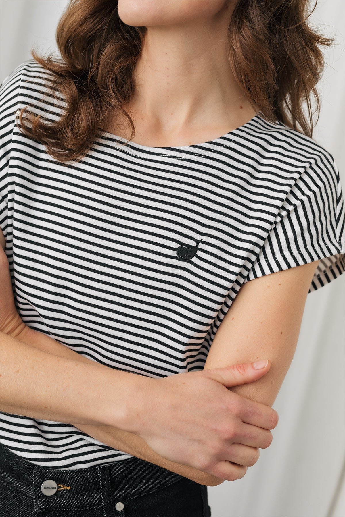 capped sleeves with thin black and white stripes top