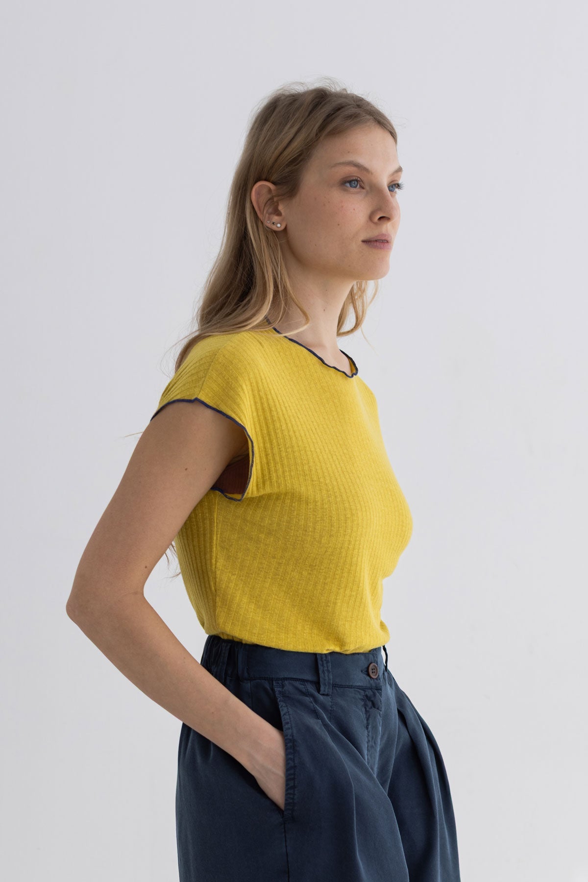 Golden green ribbed tshirt women navy shorts wear view side