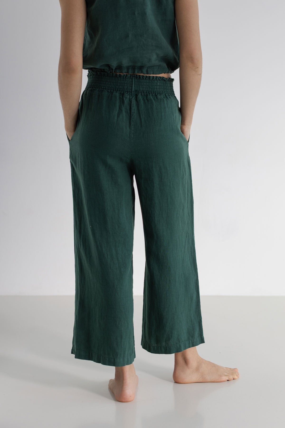 Garden green linen pants women wear view back