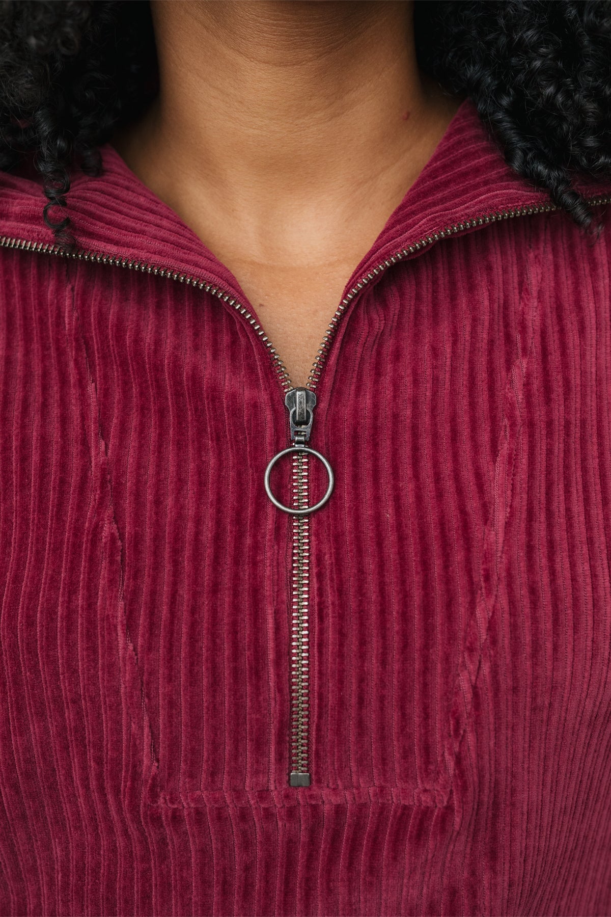 Sustainable soft cranberry sweatshirt with YKK zipper.