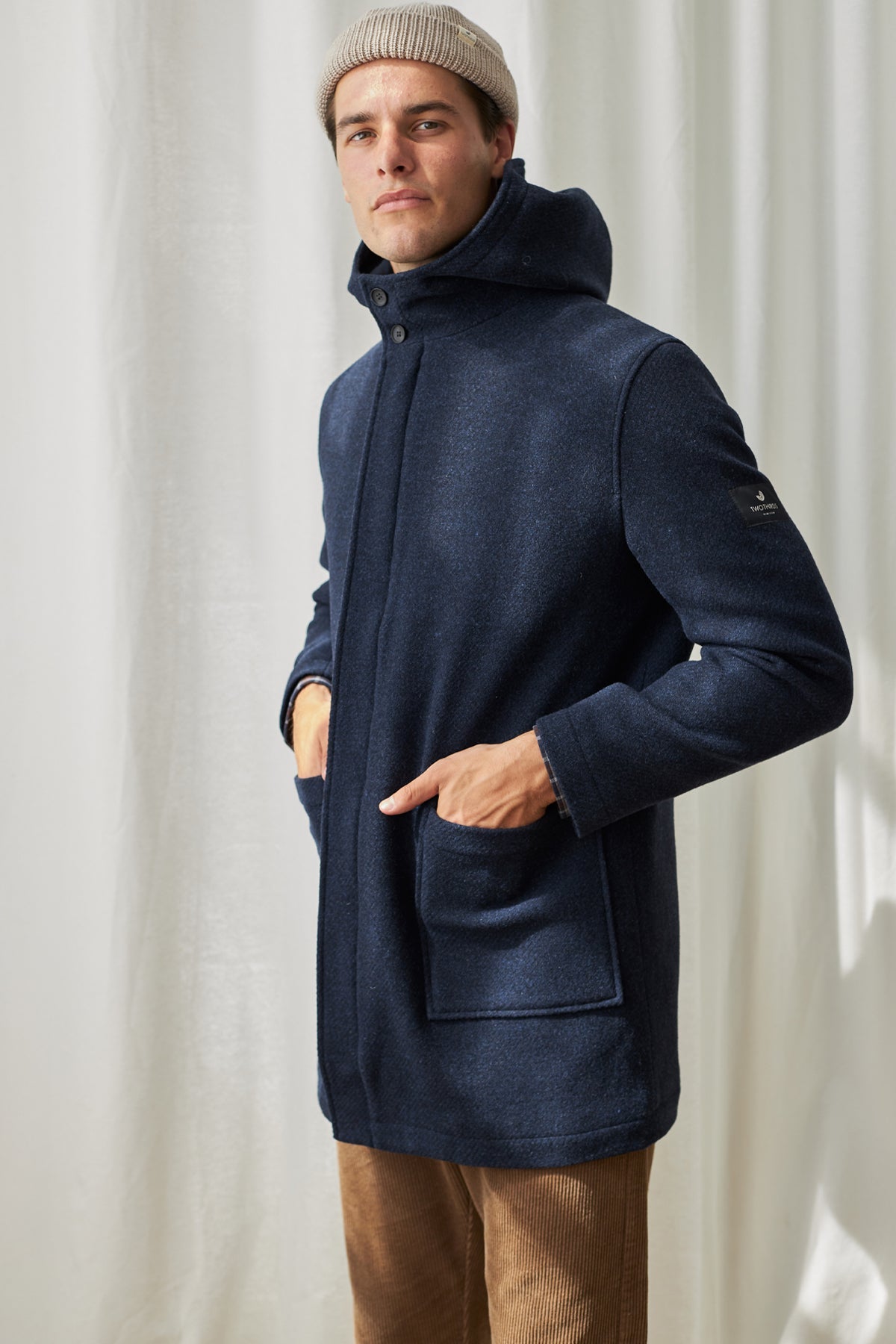 sustainable navy wool jacket for men