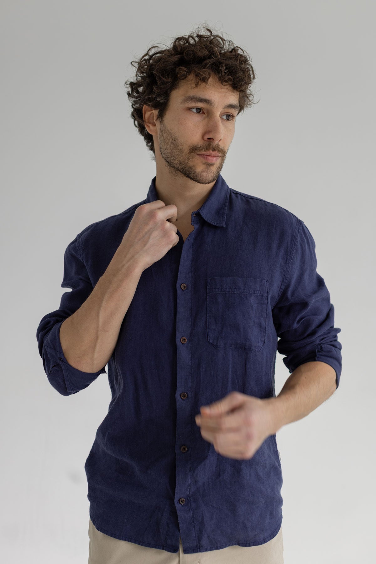 Navy blue linen shirt men light pants wear view front