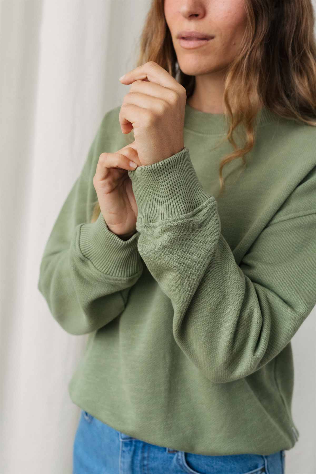 meta-hover, relaxed fit ethical green pullover for women