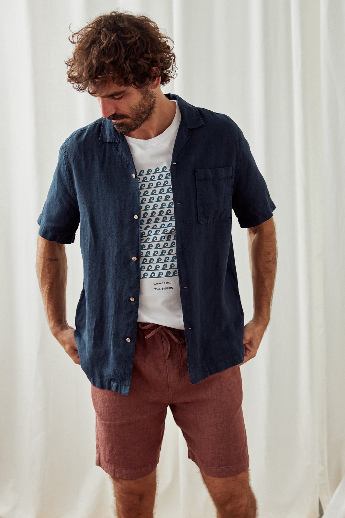 blue short-sleeve linen shirt for men