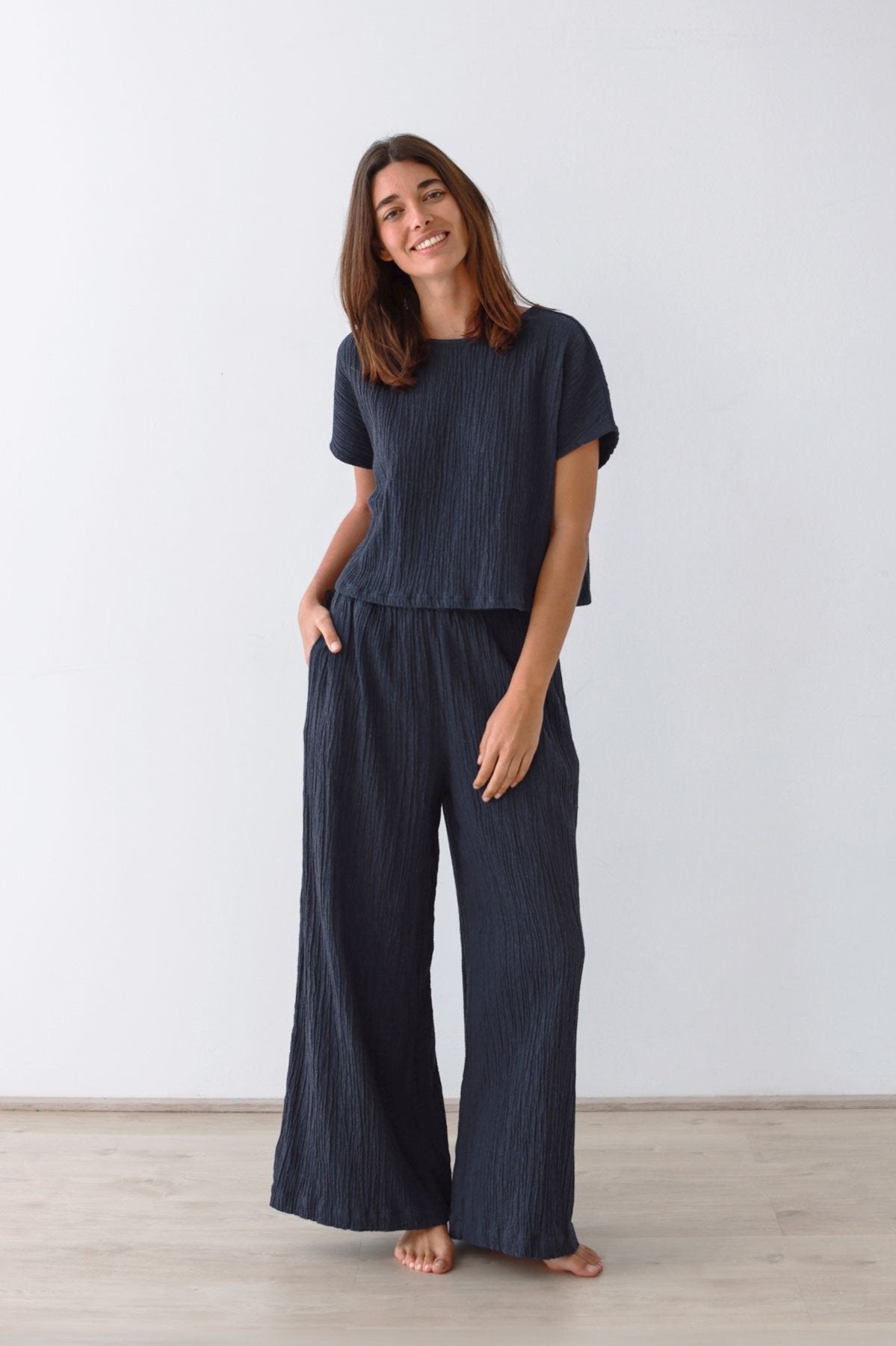 Dusty blue Bambula shirt women dusty blue pants full body view front