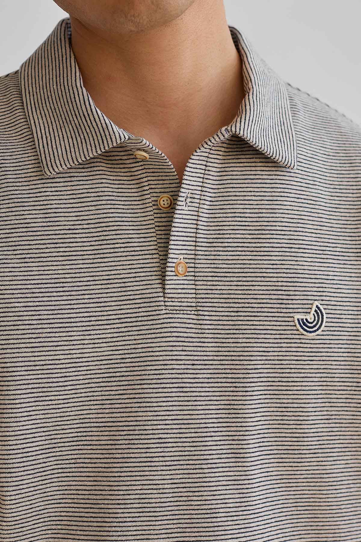 meta-hover, sustainable classic polo shirt with navy stripes