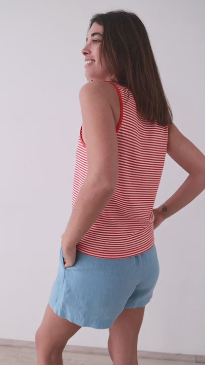 Light linen shorts denim blue women striped red tank top 