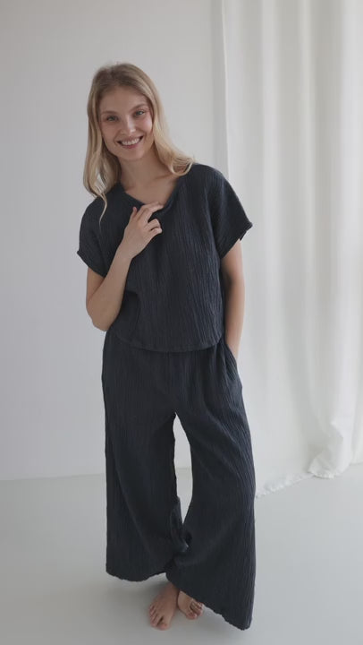 Dusty blue wide leg pants women dusty blue shirt full body view 