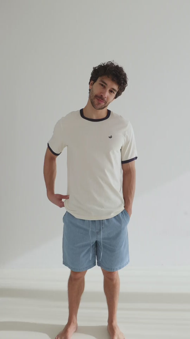 White blue tshirt men denim shorts full body view 