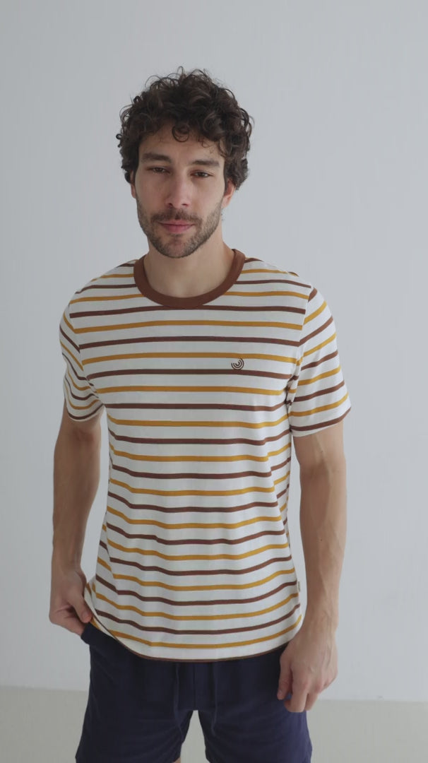 Retro stripes tshirt men navy shorts full body view