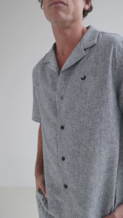 Navy stripes shirt men striped pants full body view 