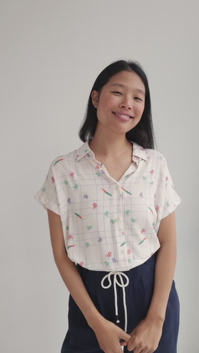 Patterned light weight shirt women navy pants full body view 
