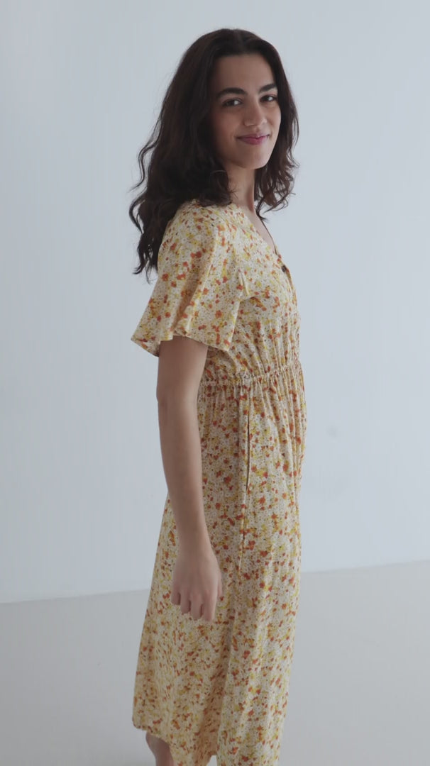 Golden flowers print dress women full body view