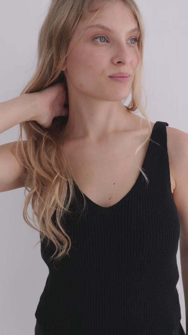 Black knit crop top women black shorts full body view