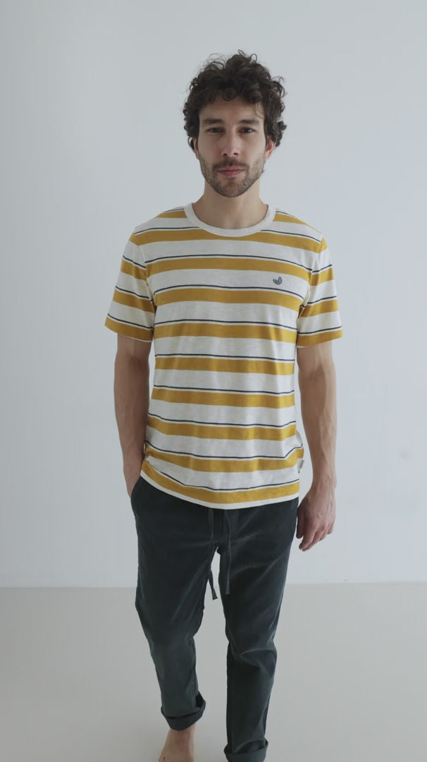 Mustard and Navy Stripes tshirt men navy pants full body view
