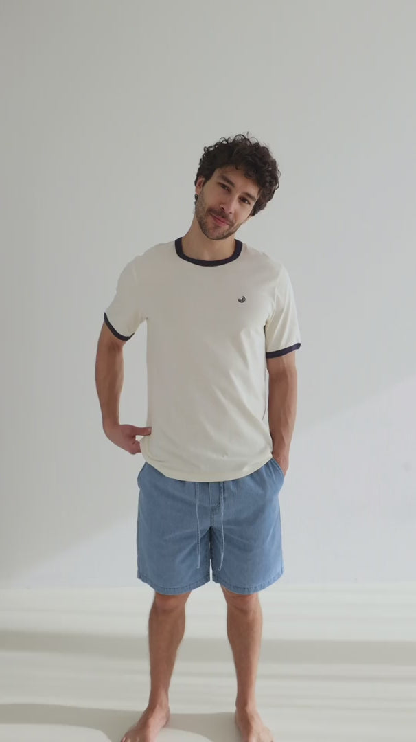 Light blue light denim shorts men light shirt full body view front