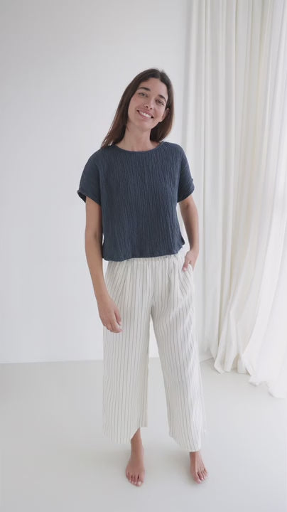 Striped linen pants women tshirt blue 