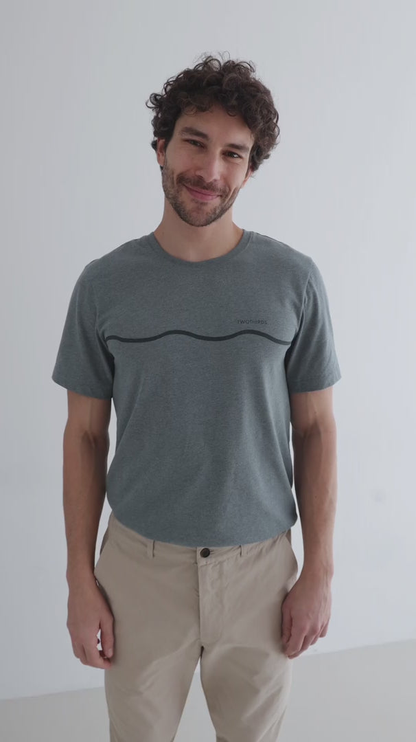 Feather grey Organic cotton canvas pants men grey tshirt full body view