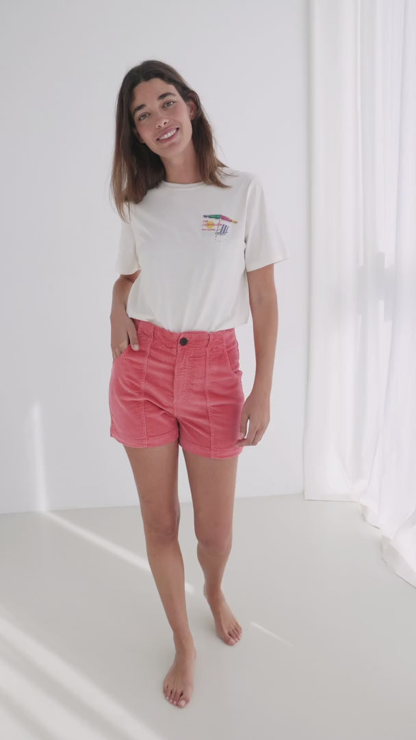 Off white cotton top women coral shorts full body view 