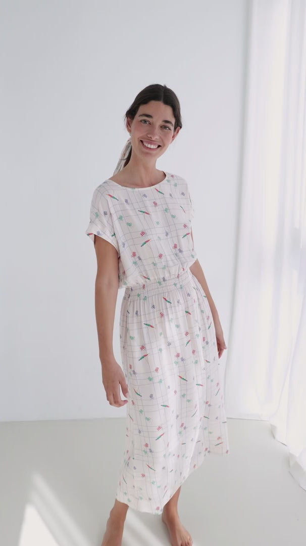 Patterned beige viscose dress women full body view 
