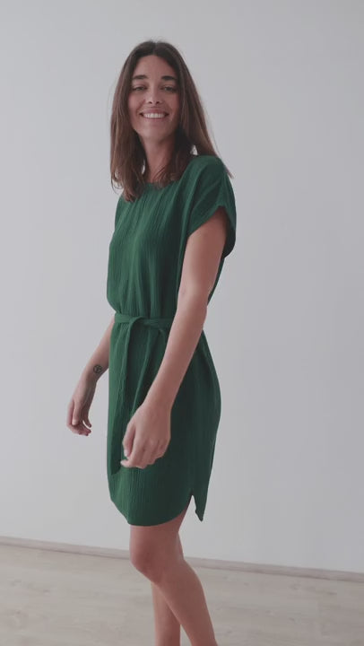 Dark green muslin dress full body view