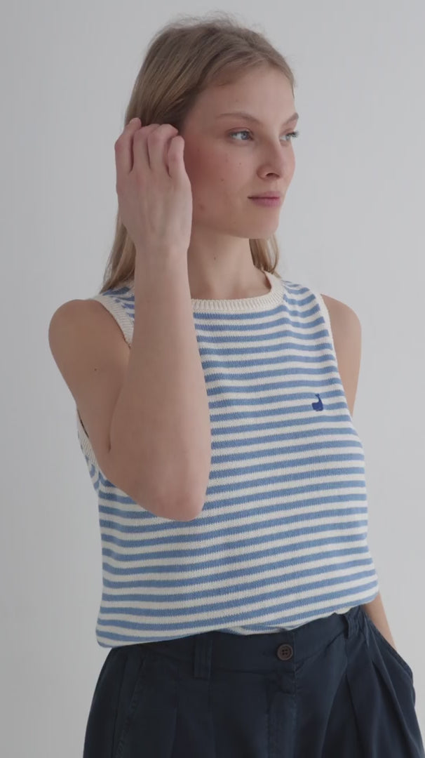 Denim blue stripes knit top women navy shorts full body view